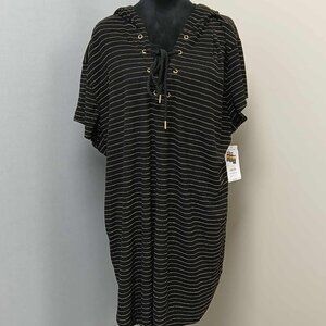 Time & Tru women's 1X 16/18 Black Lurex Stripe hoodie dress swimsuit cover up